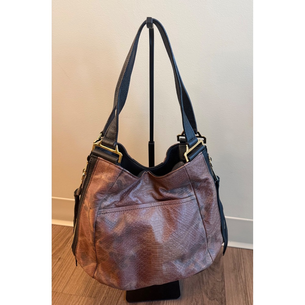 Aimee Kestenberg Snake Embossed Leather Hobo Bag Brown/Black Gold Tone A282317 - Picture 2 of 16